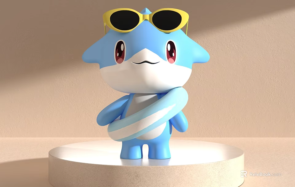 Blue Cartoon Game Movie Character With Yellow Sunglasses And White Striped Neck On Pedestal 3d model 