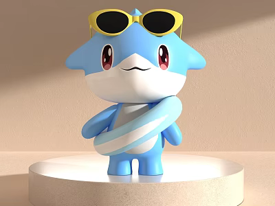 Blue Cartoon Game Movie Character With Yellow Sunglasses And White Striped Neck On Pedestal 3d model