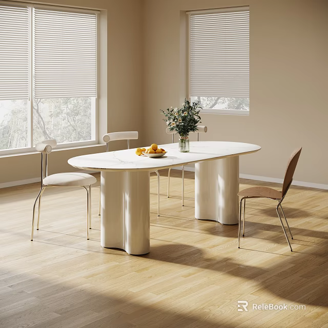 Modern Oval Dining Table Set with White Tabletop Cylindrical Legs Chairs Fruits and Vase 3d model 