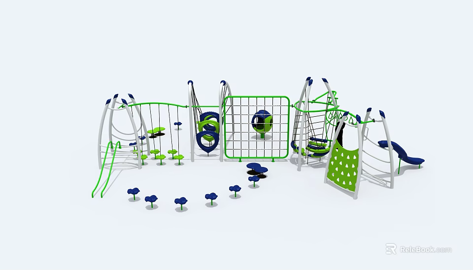 Green And White Playground Equipment With Slides Climbing Frames Swings And Rotating Rings 3d model 