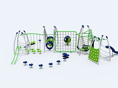 Green And White Playground Equipment With Slides Climbing Frames Swings And Rotating Rings 3d model