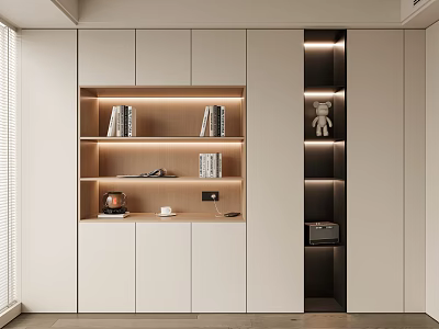 Modern Bookcase with White Cabinet Wooden Shelves LED Lighting and Decorative Items 3d model