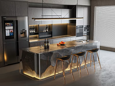 Modern Kitchen Interior With Stone Bar Counter Gold Stools And Ambient Lighting 3d model