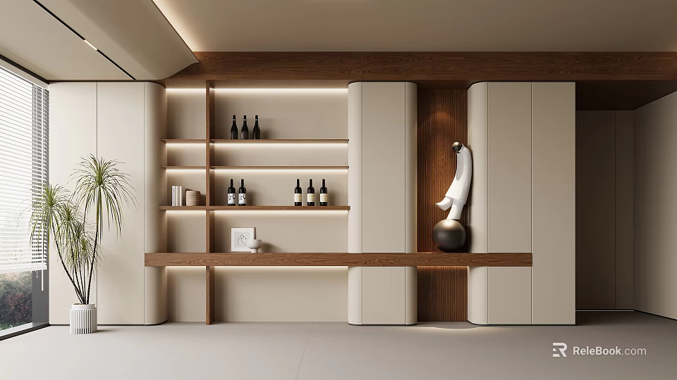 Elegant Modern Wooden Beige Wine Cabinet With Shelves Holding Wine Bottles And Decorative Items In Interior 3d model 