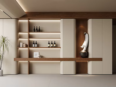 Elegant Modern Wooden Beige Wine Cabinet With Shelves Holding Wine Bottles And Decorative Items In Interior 3d model