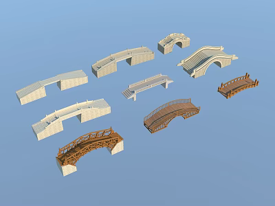 Various Bridge Models With Different Designs Materials And Structures On Blue Background 3d model