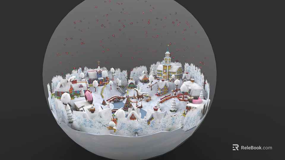 Decorative Ornament Set with Miniature Snowy Village Houses Trees and Church 3d model 