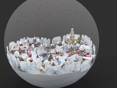 Decorative Ornament Set with Miniature Snowy Village Houses Trees and Church 3d model