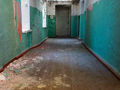 Old Elevator Corridor With Green And White Walls Peeling Paint And Debris On Wooden Floor 3d model