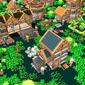 Pixel Style Park Landscape With Wooden Houses Green Trees And Grass