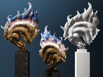 Decorative Ornament Set With Mythical Creature Sculptures Gold Silver Blue Accents And Black White Pedestals 3d model
