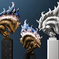 Decorative Ornament Set With Mythical Creature Sculptures Gold Silver Blue Accents And Black White Pedestals