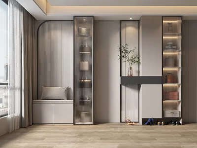 Modern Shoe Cabinet Design With Glass Shelves Potted Plant And Storage Space 3d model