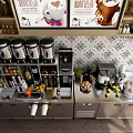 Stainless Steel Functional Kitchen Table With Storage Cabinets Coffee Machines And Potted Plants