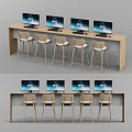 Wooden Long Table With High Stools And Computer Monitors For Modern Workspace Setup 3d model