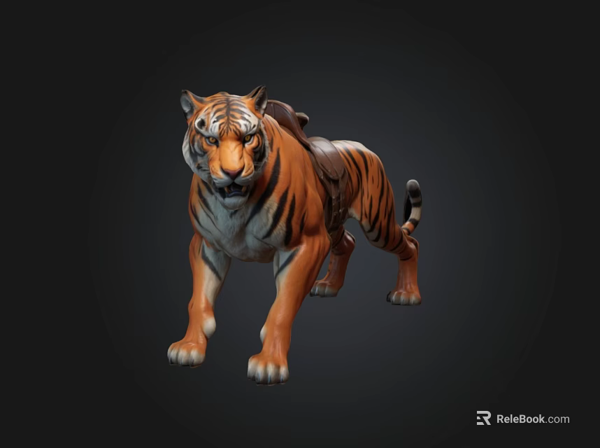 Detailed Realistic 3D Tiger Model With Saddle Standing On Dark Background Design 3d model 