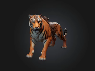 Detailed Realistic 3D Tiger Model With Saddle Standing On Dark Background Design 3d model
