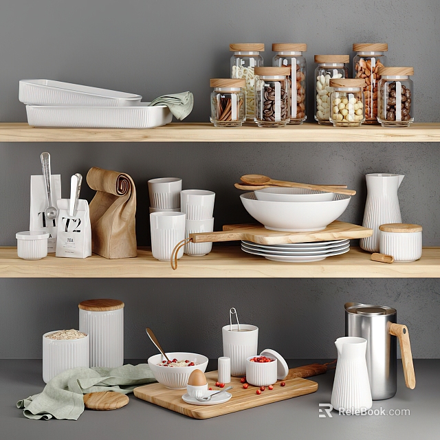 White Kitchenware Arranged On Wooden Shelves With Jars Bowls Plates And Spoons 3d model 