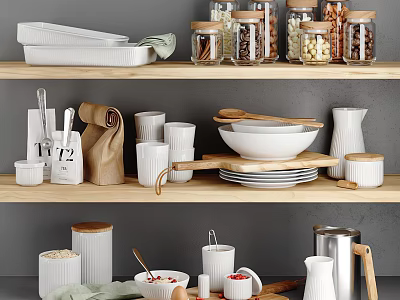 White Kitchenware Arranged On Wooden Shelves With Jars Bowls Plates And Spoons 3d model
