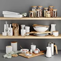 White Kitchenware Arranged On Wooden Shelves With Jars Bowls Plates And Spoons