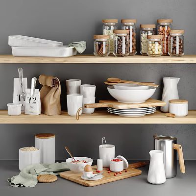 White Kitchenware Arranged On Wooden Shelves With Jars Bowls Plates And Spoons 3d model