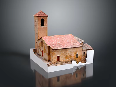 Cartoon Scene Featuring Small Church Model With Red Roof Brick Red Walls And White Base 3d model