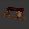 Rustic Wooden Bench And Shelf Display With Green Bottle Terracotta Amphora And Small Goblet