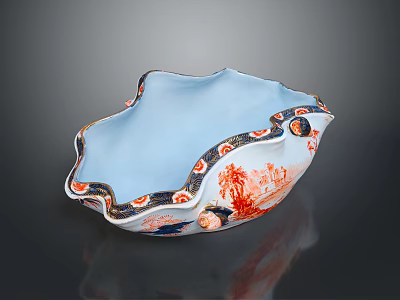 Elegant Blue Ceramic Bowl With Intricate Red Gold Aquatic Animal Decorative Patterns 3d model