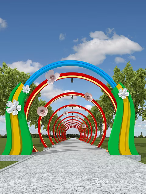 Colorful Decorative Arches Adorned With White Flowers Along Scenic Outdoor Pathway 3d model 
