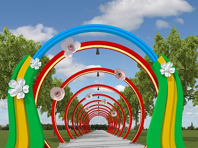 Colorful Decorative Arches Adorned With White Flowers Along Scenic Outdoor Pathway 3d model