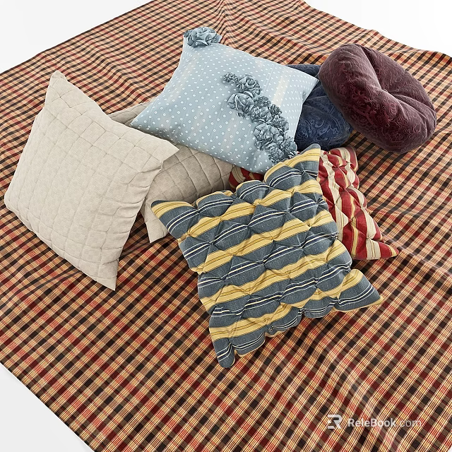 Soft Assorted Patterned Decorative Pillows With Striped Dotted Quilted Designs On Plaid Blanket 3d model 