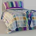 Stylish Single Bed with Colorful Striped and Plaid Bedding in Purple Blue Green Tones