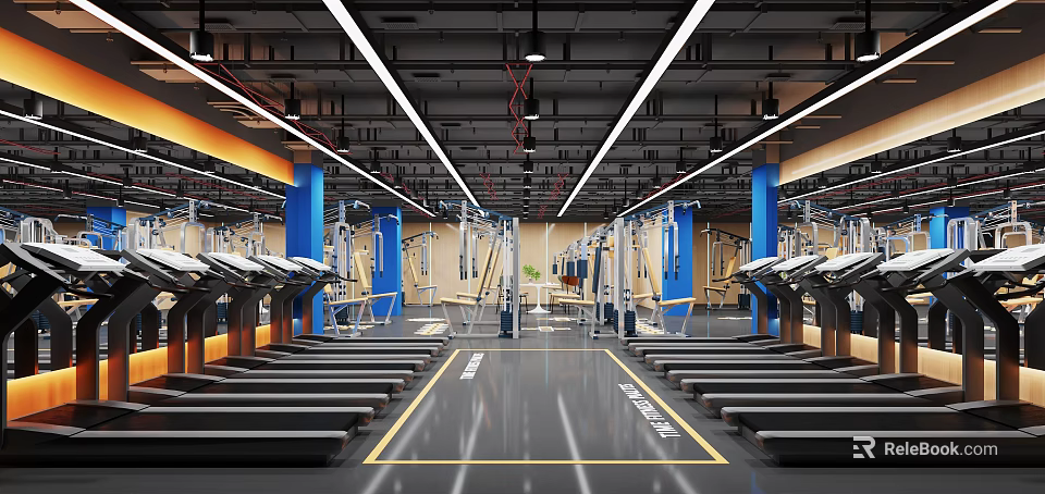 Spacious Gym Interior With Various Fitness Equipment 3d model 