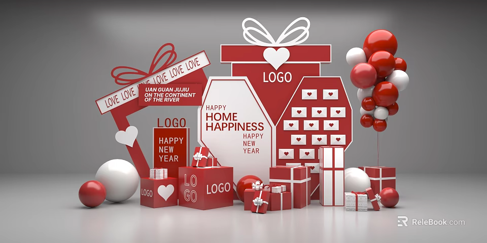 Love New Year Photo Check In Spot With Red Gift Boxes Balloons Hearts And LOGO 3d model 
