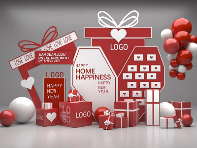 Love New Year Photo Check In Spot With Red Gift Boxes Balloons Hearts And LOGO 3d model