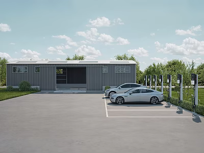 Industrial Warehouse Metal Structure With Parking Lot Electric Vehicles And Charging Stations Near Green Trees 3d model