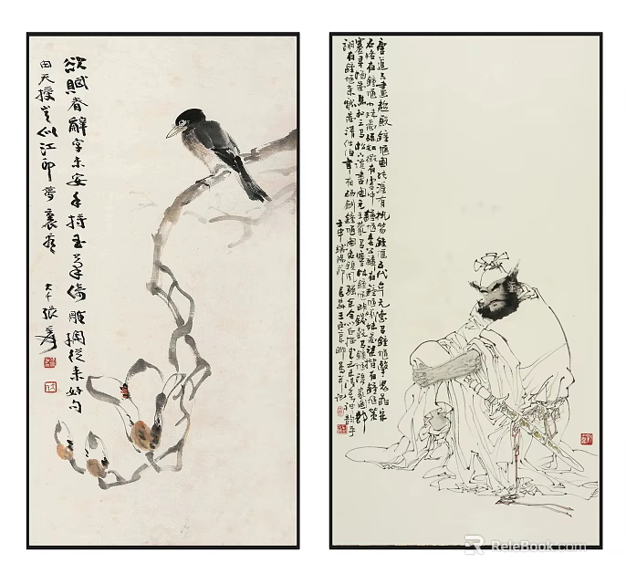 Traditional Chinese Ink Paintings With Bird On Branches Calligraphy And Seated Figure 3d model 