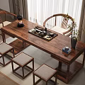 Elegant Traditional Chinese Wooden Tea Table And Chairs With Tea Set Stools And Potted Plant