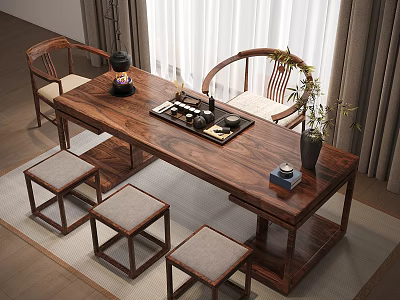Elegant Traditional Chinese Wooden Tea Table And Chairs With Tea Set Stools And Potted Plant 3d model