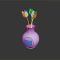 Light Blue Carved Vase With Light Pink Tulips On Black Reflective Surface