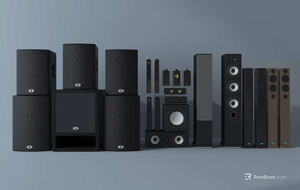 Black and Brown Speakers with Various Types Shapes Sizes Including Floorstanding Bookshelf Subwoofer Neatly Arranged 3d model 