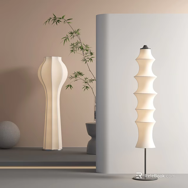 Elegant Floor Lamp with Pleated and Layered Spiral Design in Modern Minimalist Interior with Bamboo Plant 3d model 