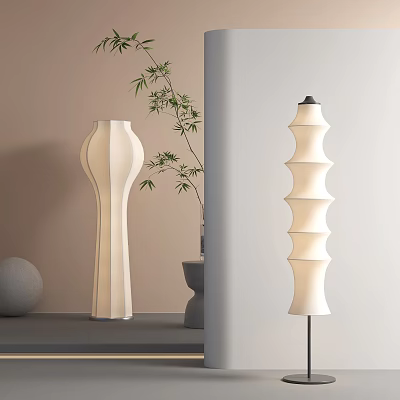 Elegant Floor Lamp with Pleated and Layered Spiral Design in Modern Minimalist Interior with Bamboo Plant 3d model