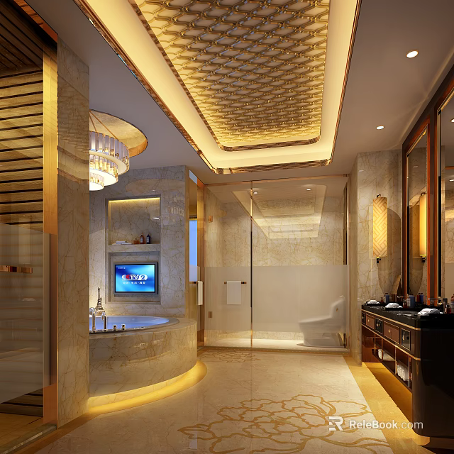 Luxurious Hotel Bathroom With Marble Walls Bathtub TV Chandelier And Vanity Mirror 3d model 