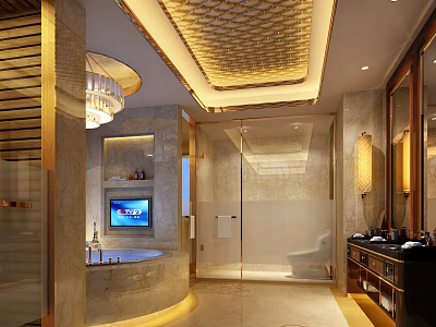 Luxurious Hotel Bathroom With Marble Walls Bathtub TV Chandelier And Vanity Mirror 3d model