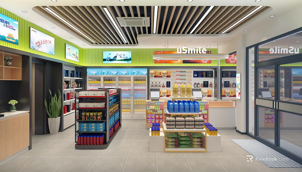 USmile Supermarket Interior With Well Organized Shelves And Various Product Displays 3d model 