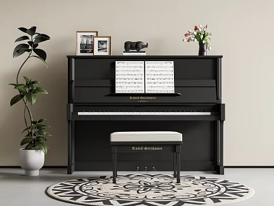 Elegant Black Piano Interior With Sheet Music Potted Plants And Decor Items 3d model