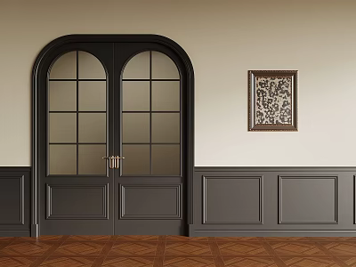 Black Arched Double Doors With Glass Panes Decorative Painting Dark Gray Wainscoting And Brown Parquet Floor 3d model