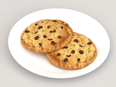 Delicious Freshly Baked Chocolate Chip Cookies on a White Plate 3d model