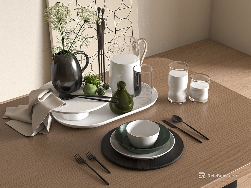 Modern Kitchen Tableware Set With Tray Plates Bowls Milk Glasses And Utensils On Wooden Table 3d model 